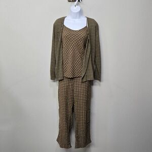 Habitat Clothes To Live In 3 Piece Pant Set Small Olive Green Plaid Crepe Scandi